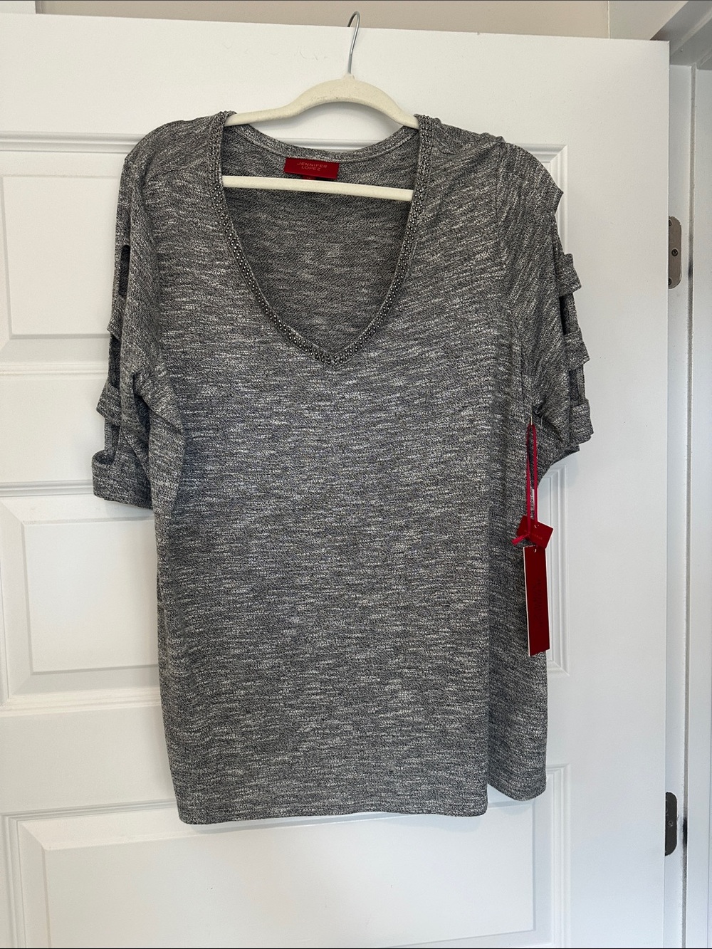 Jennifer Lopez Heather Gray V-Neck Short Sleeve Top with Ladder Sleeve Cutouts